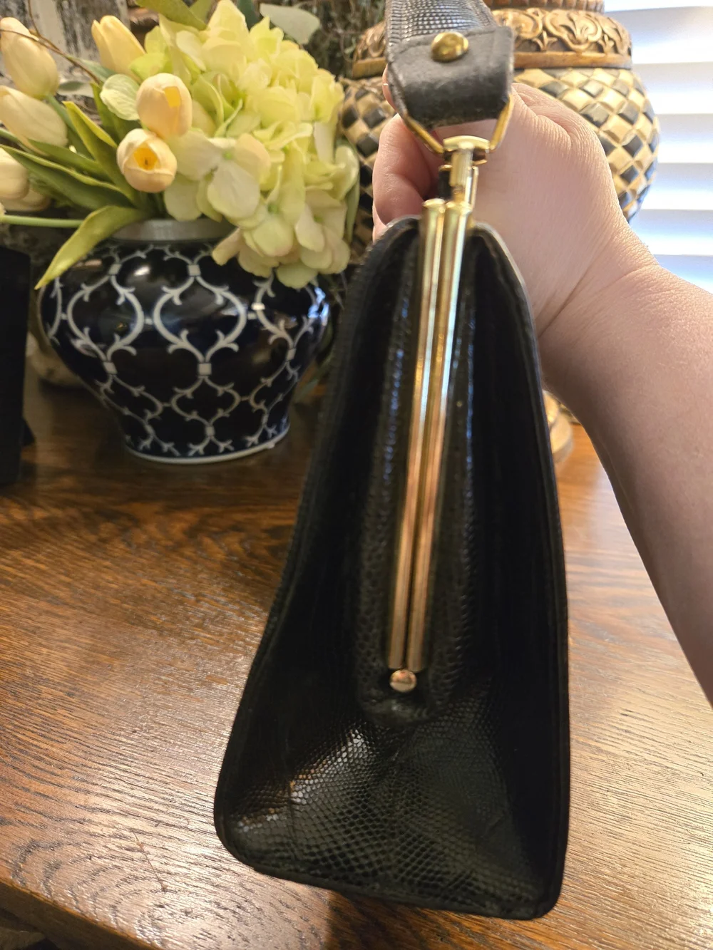 Black Alligator-Embossed Evening Clutch From 50s To 60s with Gold Frame